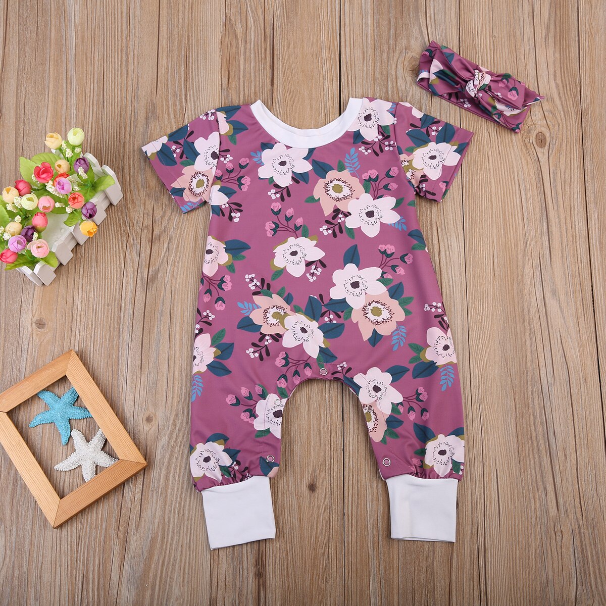 Lovely 2PCS Set Newborn Baby Girl Floral Romper Jumpsuit Headband Outfit Clothes - ebowsos