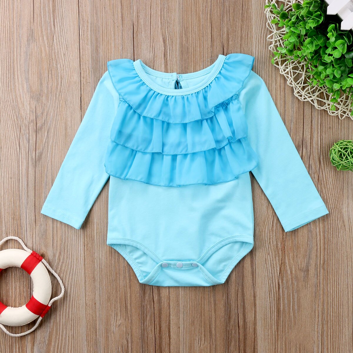 Lovely Baby Girl Infant Bodysuit Long Sleeve Cotton Jumpsuit Playsuit Outfit Clothes Blue 0-2T - ebowsos