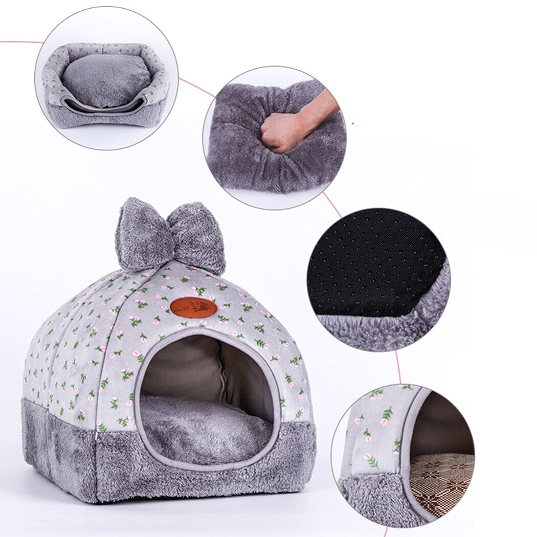 Lovely Bowknot Decor Warm Pet House Lovely Soft Winter Dog Cat Bed Warm Cushion Pet House Puppy Kennel For Dogs-ebowsos