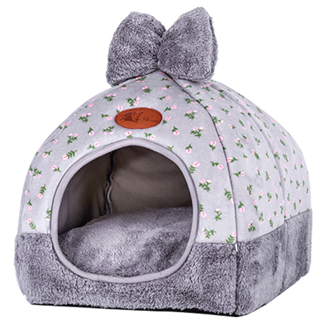 Lovely Bowknot Decor Warm Pet House Lovely Soft Winter Dog Cat Bed Warm Cushion Pet House Puppy Kennel For Dogs-ebowsos