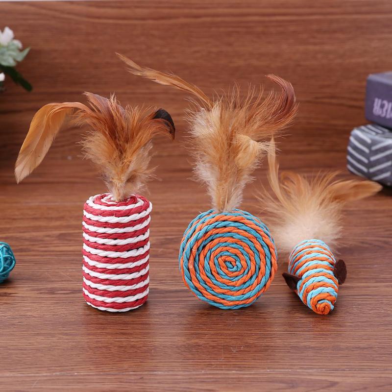 Lovely Cat Teasing Toy Sisal with Feather Interactive Kitten Bite Resistance Toy Rats More Attractive in Appearance - ebowsos