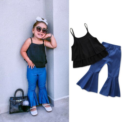 Lovely Toddler Kid Baby Girl Summer Top+Long Denim Pants Outfits Set Clothes Set - ebowsos