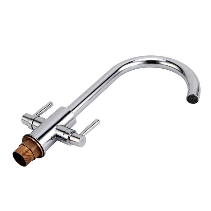 Luxury Modern Chrome Twin Lever Swivel Spout Monobloc Kitchen Sink Mixer Tap - ebowsos