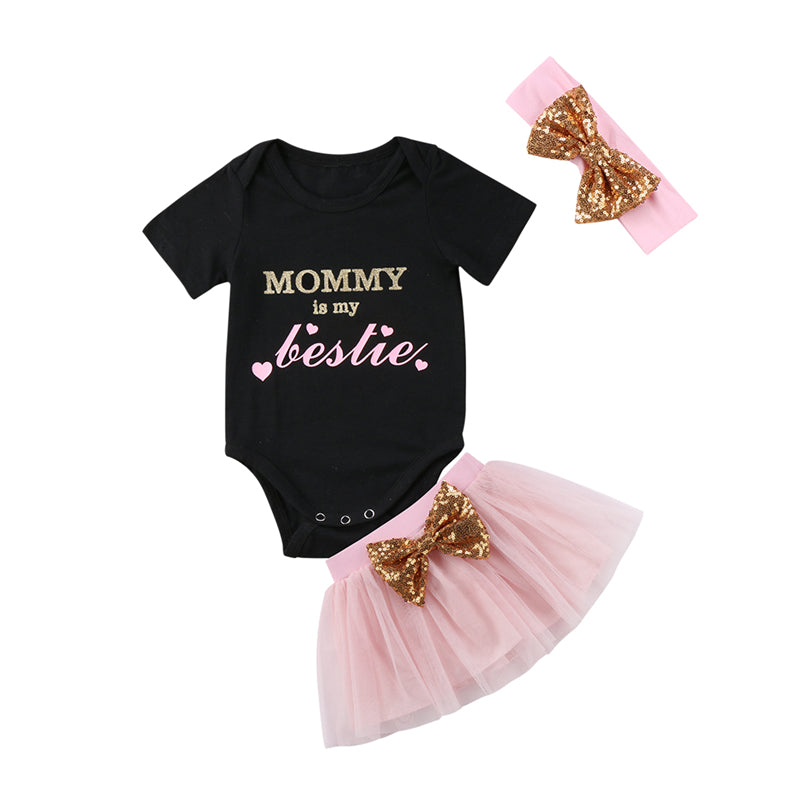 MOMMY Is My Besties Letters Bowknot Black 3Pcs Princess Baby Girl Short Sleeve Romper+Tutu Short Skirt+Headband Outfits Clothes - ebowsos