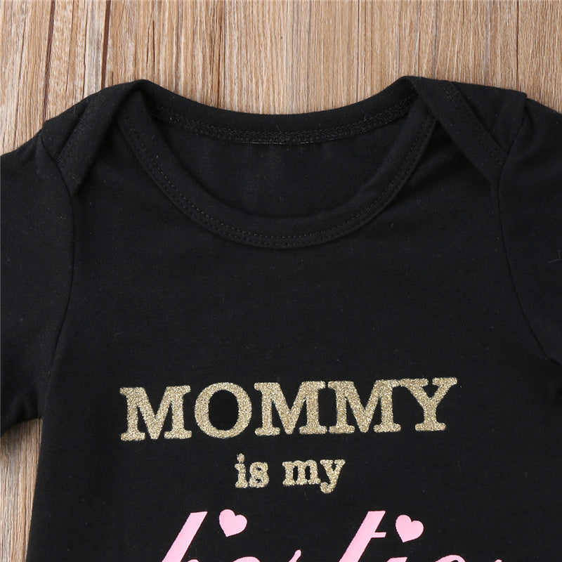 MOMMY Is My Besties Letters Bowknot Black 3Pcs Princess Baby Girl Short Sleeve Romper+Tutu Short Skirt+Headband Outfits Clothes - ebowsos