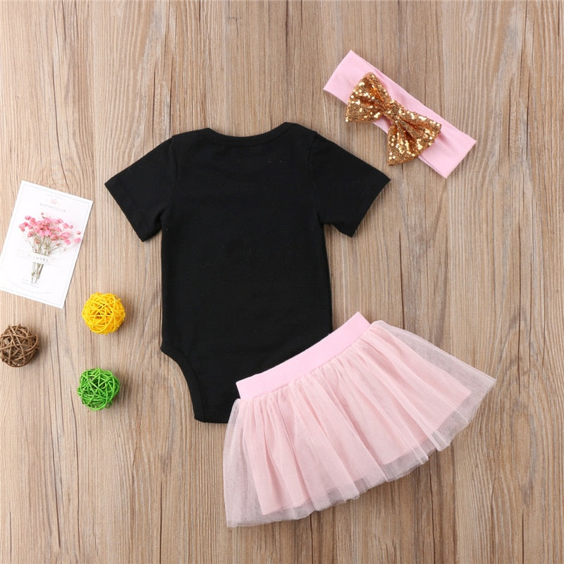 MOMMY Is My Besties Letters Bowknot Black 3Pcs Princess Baby Girl Short Sleeve Romper+Tutu Short Skirt+Headband Outfits Clothes - ebowsos