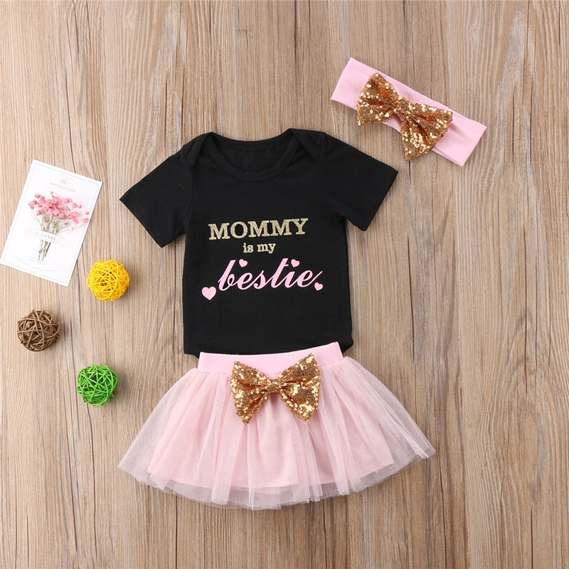 MOMMY Is My Besties Letters Bowknot Black 3Pcs Princess Baby Girl Short Sleeve Romper+Tutu Short Skirt+Headband Outfits Clothes - ebowsos