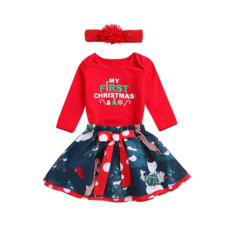 MY 1st Christmas Baby Girls Outfits Tops Romper+Tutu Skirts Headband Set 3pcs Kids Clothing - ebowsos