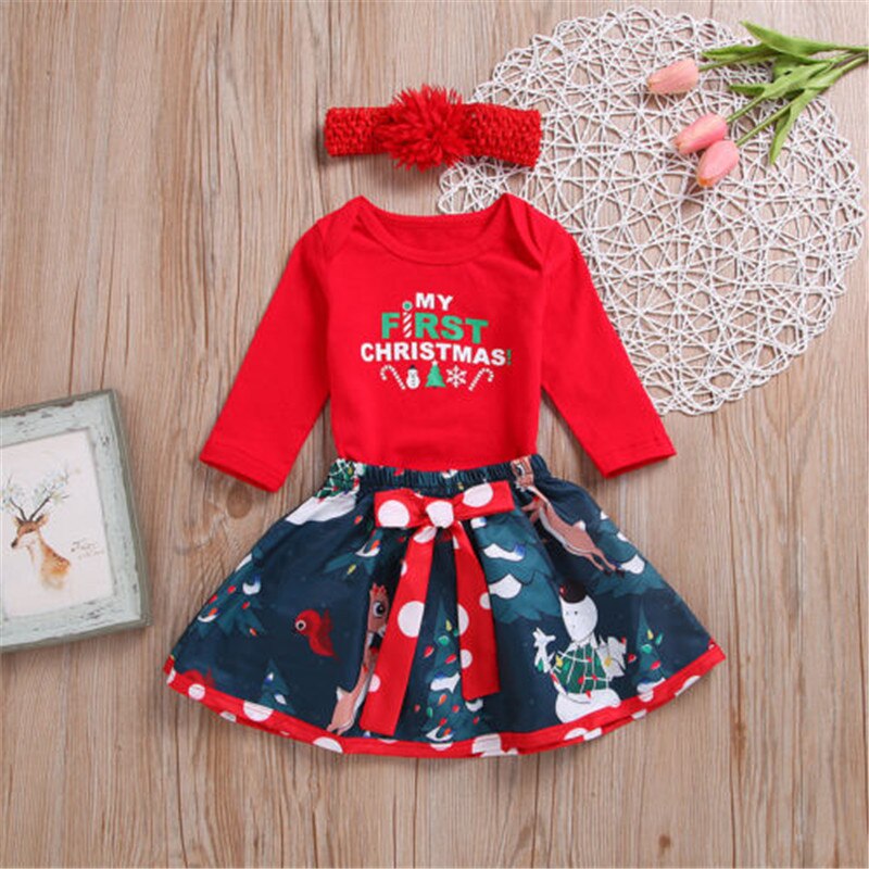 MY 1st Christmas Baby Girls Outfits Tops Romper+Tutu Skirts Headband Set 3pcs Kids Clothing - ebowsos