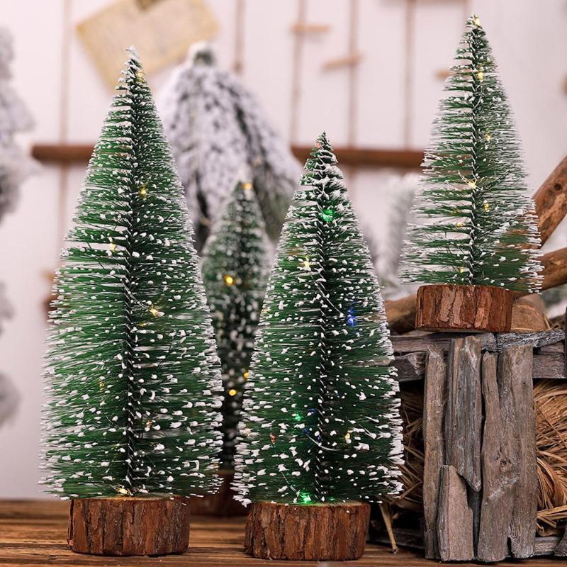 Mini Christmas Tree with Colour Lamps Snowflakes Artificial Small Pine Tree Xmas Batteries Party Wooden Base Decoration - ebowsos