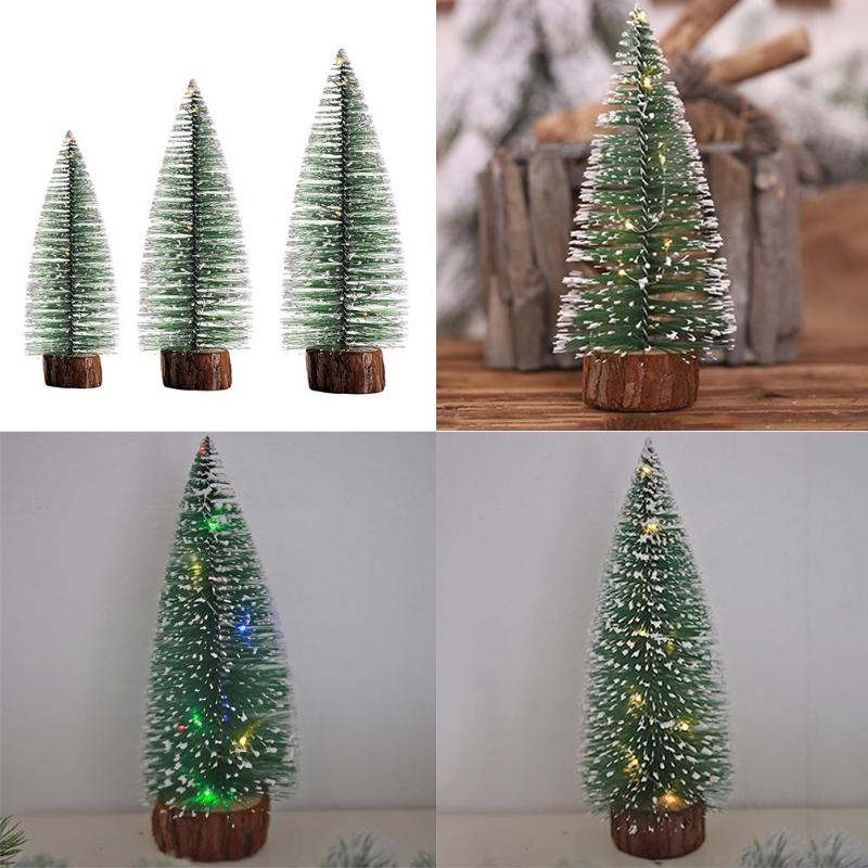 Mini Christmas Tree with Colour Lamps Snowflakes Artificial Small Pine Tree Xmas Batteries Party Wooden Base Decoration - ebowsos