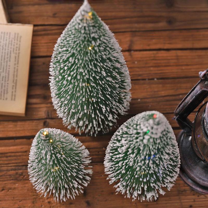 Mini Christmas Tree with Colour Lamps Snowflakes Artificial Small Pine Tree Xmas Batteries Party Wooden Base Decoration - ebowsos