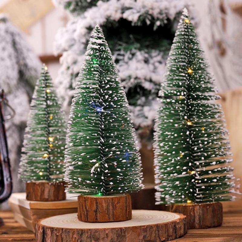 Mini Christmas Tree with Colour Lamps Snowflakes Artificial Small Pine Tree Xmas Batteries Party Wooden Base Decoration - ebowsos