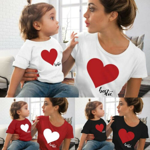 Mommy and me clothes Mother Daughter Matching family outfits T-shirt Women Kids Baby Girls soft cotton Heart print Tops - ebowsos