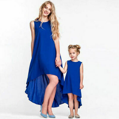 Mother Daughter Blue Dress Sleevless Matching Women Kid Girls Casual Swing Dress Family Matching Fashion Clothes - ebowsos