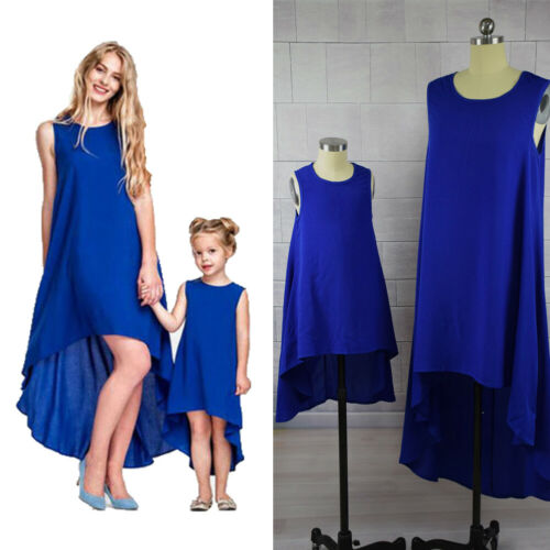 Mother Daughter Blue Dress Sleevless Matching Women Kid Girls Casual Swing Dress Family Matching Fashion Clothes - ebowsos