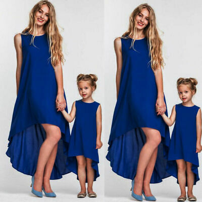 Mother Daughter Blue Dress Sleevless Matching Women Kid Girls Casual Swing Dress Family Matching Fashion Clothes - ebowsos