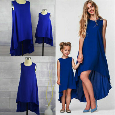 Mother Daughter Blue Dress Sleevless Matching Women Kid Girls Casual Swing Dress Family Matching Fashion Clothes - ebowsos