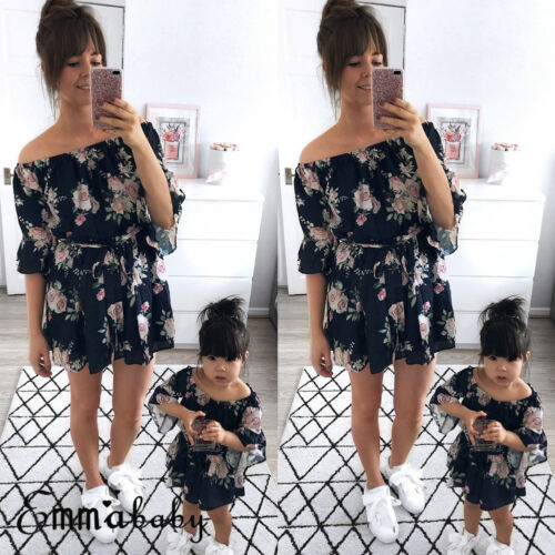 Mother girl Family Matching Outfits Off Shoulder Floral Dress Summer Chiffon Girl Women Boho Loose Dresses Clothes - ebowsos