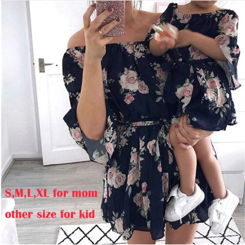 Mother girl Family Matching Outfits Off Shoulder Floral Dress Summer Chiffon Girl Women Boho Loose Dresses Clothes - ebowsos