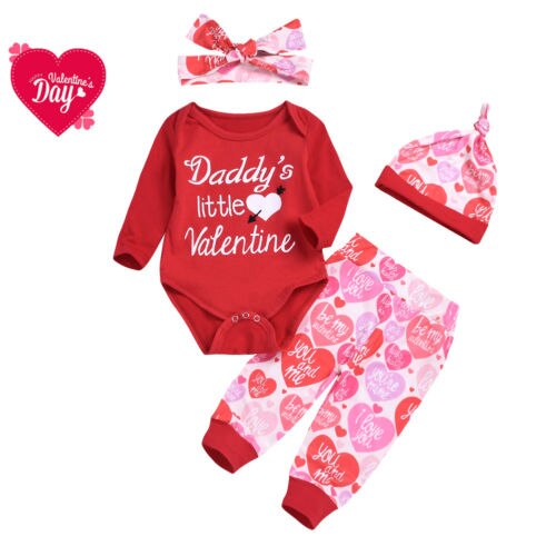 My 1st Valentine's Day Baby Boy Girl Outfits Romper Bodysuit+Pants Hat Set 0-18M - ebowsos