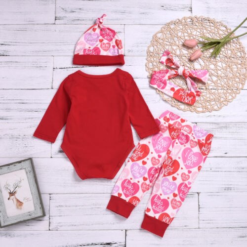 My 1st Valentine's Day Baby Boy Girl Outfits Romper Bodysuit+Pants Hat Set 0-18M - ebowsos