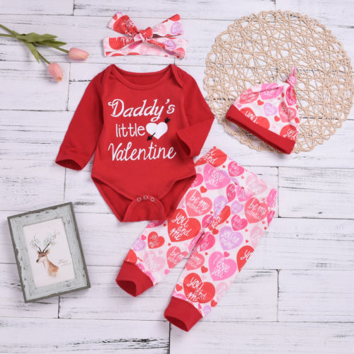 My 1st Valentine's Day Baby Boy Girl Outfits Romper Bodysuit+Pants Hat Set 0-18M - ebowsos