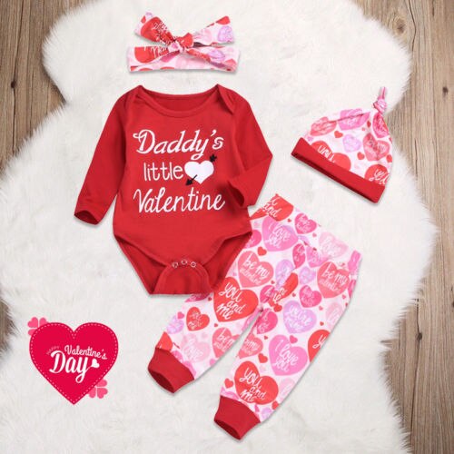 My 1st Valentine's Day Baby Boy Girl Outfits Romper Bodysuit+Pants Hat Set 0-18M - ebowsos