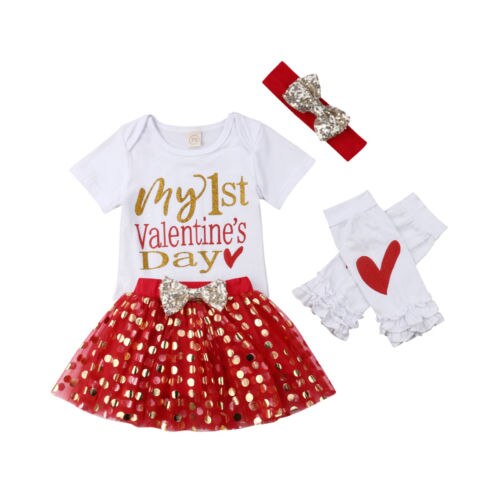 My 1st Valentine's Day Infant Newborn Baby Girl Short Sleeve Cotton Bodysuit Tops Tutu Polka Dot Skirt Headband 4PCS Clothes Set - ebowsos