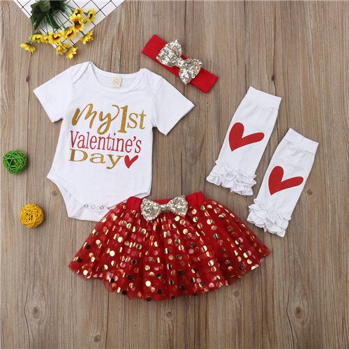 My 1st Valentine's Day Infant Newborn Baby Girl Short Sleeve Cotton Bodysuit Tops Tutu Polka Dot Skirt Headband 4PCS Clothes Set - ebowsos