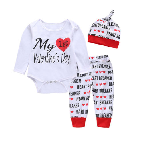 My 1st Valentine's Day Newborn Baby Girls Boys 3PCS Sets Letter White Romper Jumpsuit+Pants+Hats Clothes - ebowsos