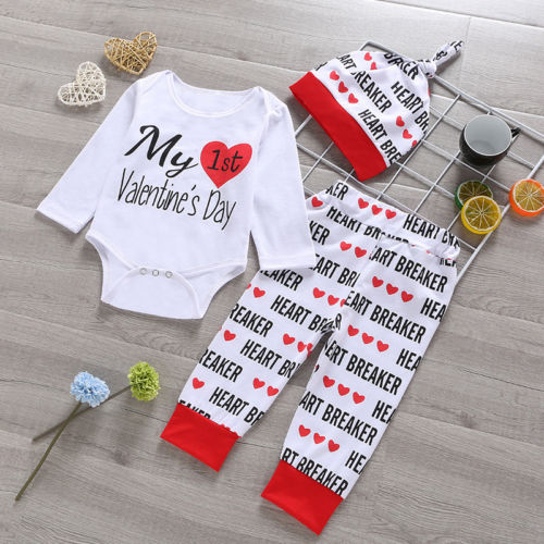 My 1st Valentine's Day Newborn Baby Girls Boys 3PCS Sets Letter White Romper Jumpsuit+Pants+Hats Clothes - ebowsos