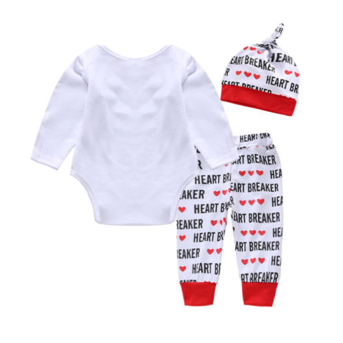 My 1st Valentine's Day Newborn Baby Girls Boys 3PCS Sets Letter White Romper Jumpsuit+Pants+Hats Clothes - ebowsos