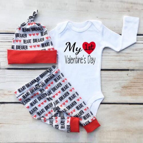 My 1st Valentine's Day Newborn Baby Girls Boys 3PCS Sets Letter White Romper Jumpsuit+Pants+Hats Clothes - ebowsos