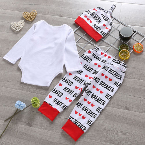 My 1st Valentine's Day Newborn Baby Girls Boys 3PCS Sets Letter White Romper Jumpsuit+Pants+Hats Clothes - ebowsos