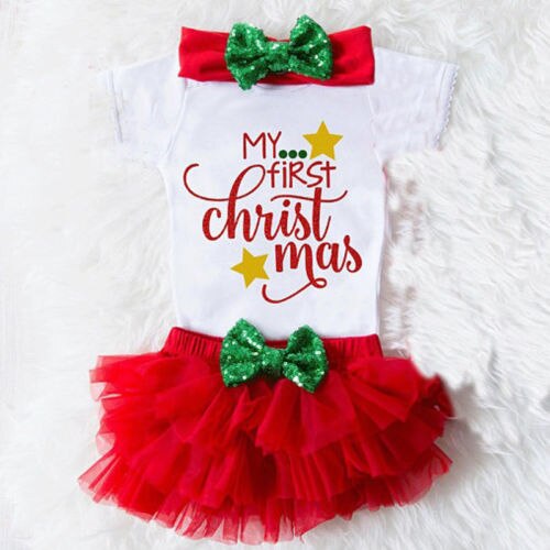 My First Christmas Baby Girls Romper Fancy Shorts Dress Set Clothes Baby Clothing 3Pcs Christmas's Baby Gifts - ebowsos