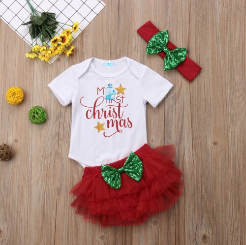 My First Christmas Baby Girls Romper Fancy Shorts Dress Set Clothes Baby Clothing 3Pcs Christmas's Baby Gifts - ebowsos