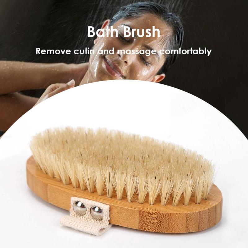 Natural Bristle Wooden Oval Bath Brush Scrubber Body Massage Spa Shower Brushes Bristle with Lotus and Polyester Cotton - ebowsos