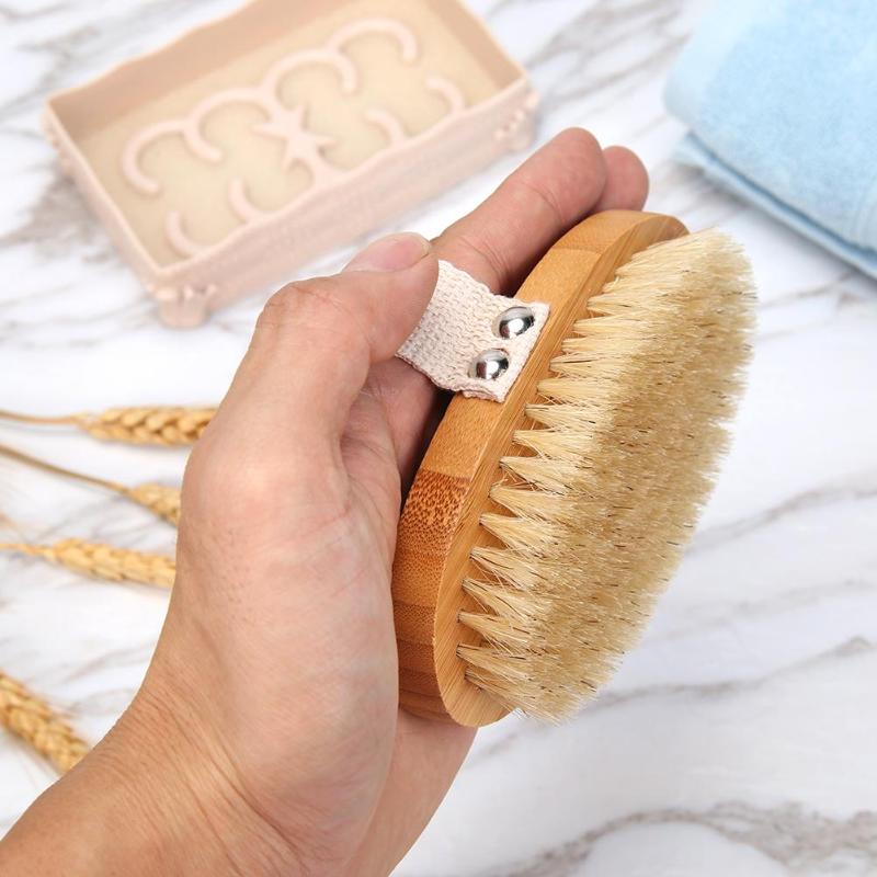 Natural Bristle Wooden Oval Bath Brush Scrubber Body Massage Spa Shower Brushes Bristle with Lotus and Polyester Cotton - ebowsos