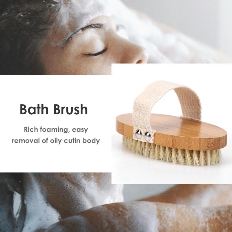 Natural Bristle Wooden Oval Bath Brush Scrubber Body Massage Spa Shower Brushes Bristle with Lotus and Polyester Cotton - ebowsos