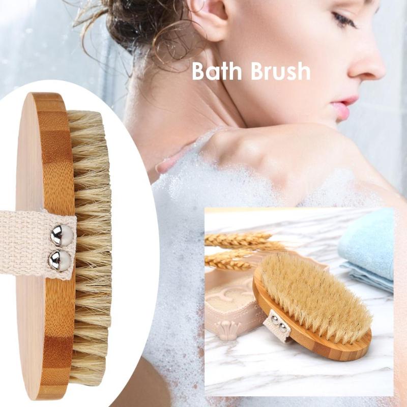 Natural Bristle Wooden Oval Bath Brush Scrubber Body Massage Spa Shower Brushes Bristle with Lotus and Polyester Cotton - ebowsos