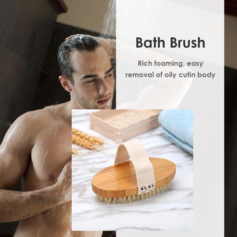 Natural Bristle Wooden Oval Bath Brush Scrubber Body Massage Spa Shower Brushes Bristle with Lotus and Polyester Cotton - ebowsos