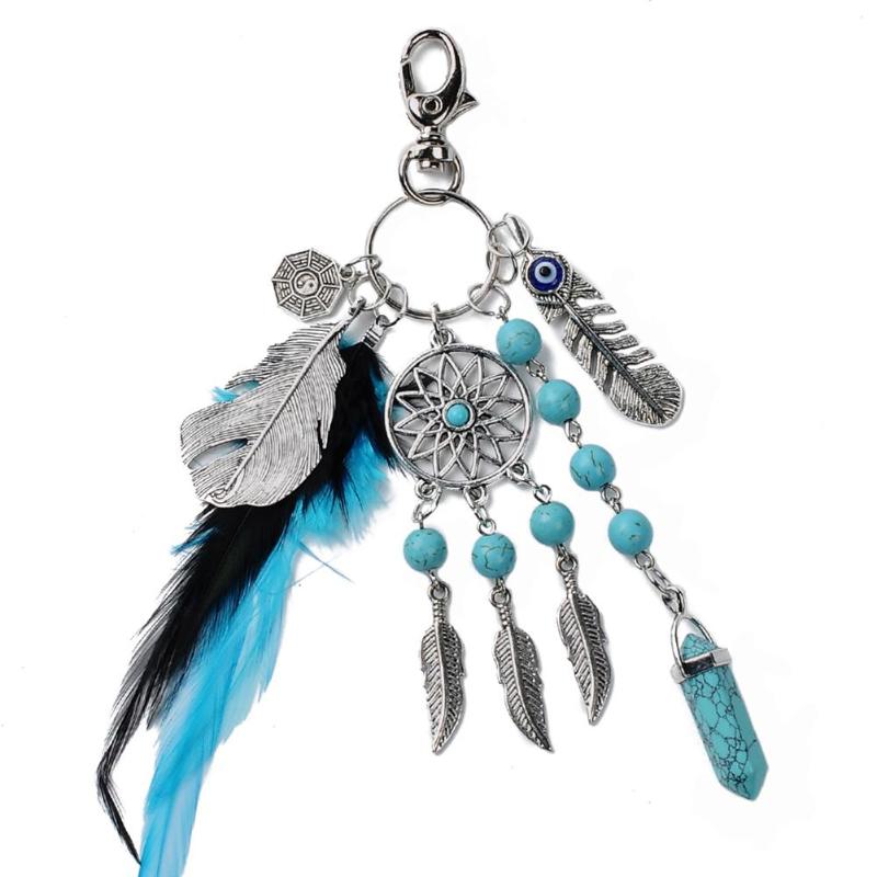 Natural Turquoise Dreamcatcher Keychain Retro Feather Leaf Dream Catcher Car Key Chain Ring Auto Keyring Accessories - ebowsos