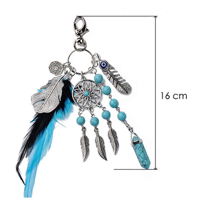 Natural Turquoise Dreamcatcher Keychain Retro Feather Leaf Dream Catcher Car Key Chain Ring Auto Keyring Accessories - ebowsos