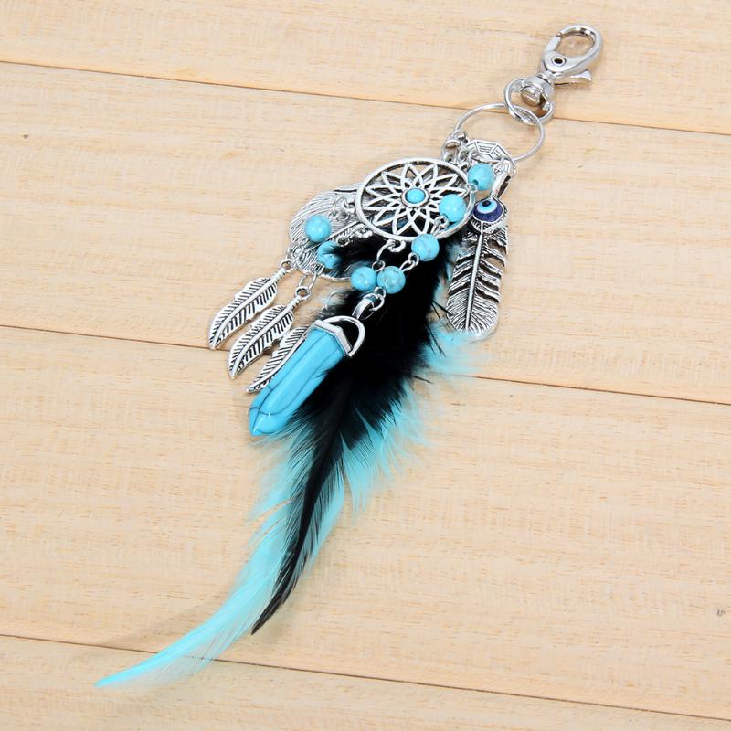 Natural Turquoise Dreamcatcher Keychain Retro Feather Leaf Dream Catcher Car Key Chain Ring Auto Keyring Accessories - ebowsos