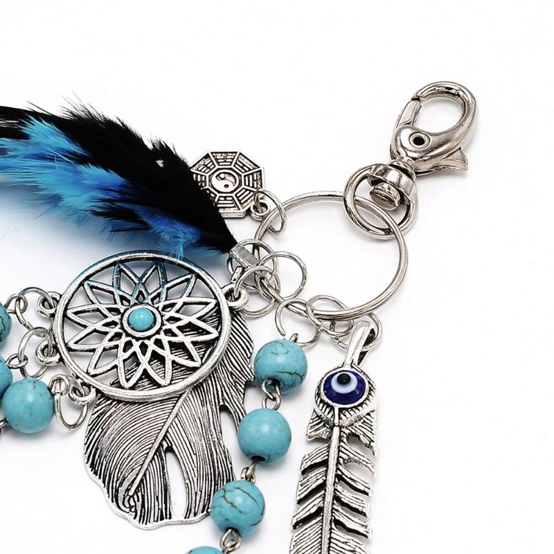 Natural Turquoise Dreamcatcher Keychain Retro Feather Leaf Dream Catcher Car Key Chain Ring Auto Keyring Accessories - ebowsos