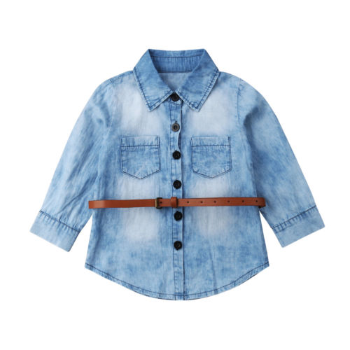 New Arrivels Casual Toddler Kids Girls Denim Long Loose Button Tops Shirt W/ Belt Spring Clothes - ebowsos