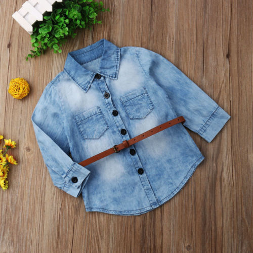 New Arrivels Casual Toddler Kids Girls Denim Long Loose Button Tops Shirt W/ Belt Spring Clothes - ebowsos