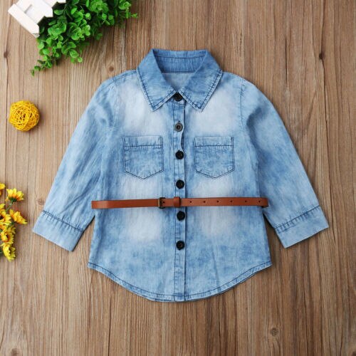 New Arrivels Casual Toddler Kids Girls Denim Long Loose Button Tops Shirt W/ Belt Spring Clothes - ebowsos