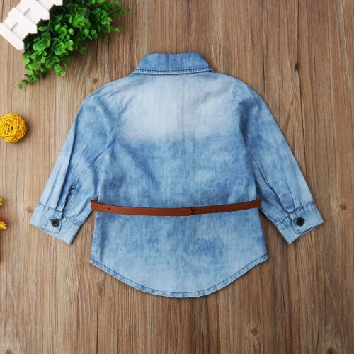 New Arrivels Casual Toddler Kids Girls Denim Long Loose Button Tops Shirt W/ Belt Spring Clothes - ebowsos